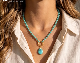 Turquoise Beaded Necklace with Teardrop Pendant | Bohemian Statement Jewelry for Party & Daily Wear, Handmade Gemstone Necklace Gift for Her