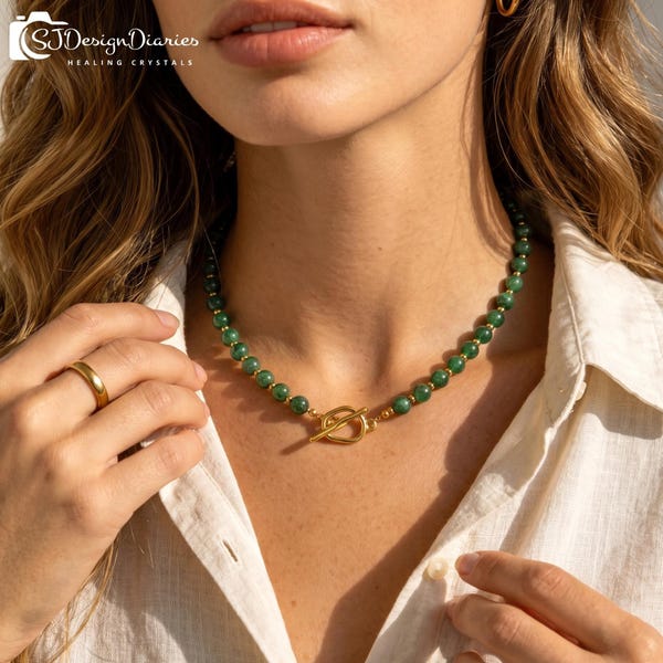 Natural Green Emerald Beaded Toggle Clasp Necklace | Heart Chakra Wealth Attraction Gemstone, Boho Choker Jewelry Gift for Women