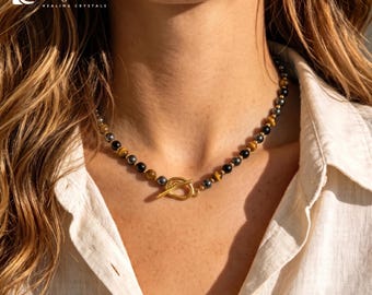 Triple Protection Choker Necklace |Tiger Eye Onyx Hematite, Gold Toggle Clasp Grounding Negative Energy Shield Crystal Layering Jewelry Gift