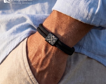 Personalized Engraved Black Titanium Steel Bracelet | Custom Initials Multi-Layer Rope Cuff, Adjustable, Gift for Him, Father's Day Gift