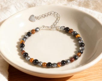 Triple Protection Crystal Bracelet, Tiger Eye Hematite Black Obsidian, Grounding Protection Jewelry, Gift for Scorpio