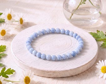 4mm Blue Lace Agate Stretch Bracelet | Natural Banded Crystal Beaded Bracelet, Calming Stackable Gemstone Jewelry Gift for Her