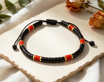 Handmade Black Onyx & Carnelian Beaded Bracelet | Adjustable Macrame, Grounding Confidence, Protection Passion Healing Crystal Gift