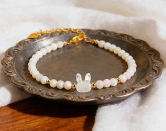 Handmade Mother of Pearl Bunny Bracelet | Dainty White Shell Rabbit Charm, Beaded Easter Jewelry Gift for Her, Cute Animal Lucky Bracelet