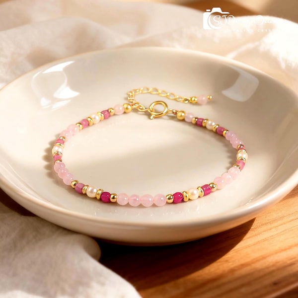 Zartes Rosenquarz-Rosa-Turmalin-Armband, Damen-Rosa-Armband, Waage-Kristallarmband
