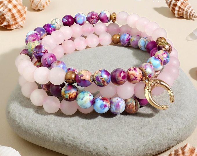 Galaxy Sea Sediment Jasper & Rose Quartz 108 Mala Beads, Healing Prayer Necklace, Meditation Jewelry, Chakra Balancing, Libra gift