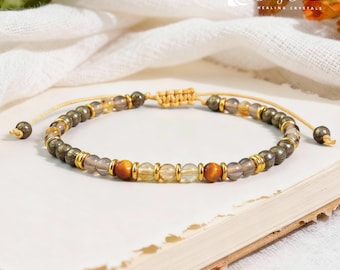Manifestation Power Bracelet - Citrine for Wealth, Pyrite for Success, Smoky Quartz for Protection, Tiger Eye for Confidence