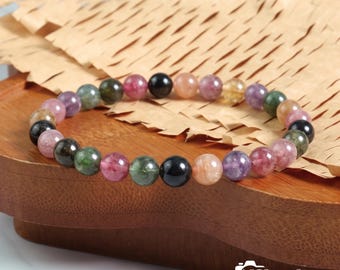 6mm Rainbow Tourmaline Stretch Beaded Bracelet | Natural Multicolor Round Bead Bracelet, Handmade Stackable Gemstone Gift for Women