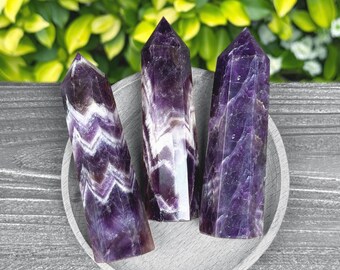 May include: Three amethyst crystal towers with pointed tops rest on a gray, round tray. The crystals display a mix of deep purple and white chevron patterns. The background features green foliage and a gray wooden surface.