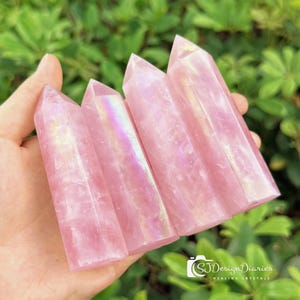 May include: Four pink rose quartz crystal points with iridescent flashes are held in a hand. The crystals are a soft pink color and have a polished, smooth surface. The crystals are displayed against a backdrop of green foliage.