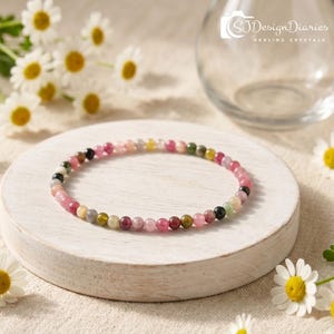 4mm Rainbow Tourmaline Stretch Bracelet | Multi Color Natural Gemstone Beaded Bracelet, Chakra Positive Energy Crystal Jewelry Gift for Her