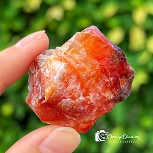 May include: A raw, orange carnelian crystal with a rough, natural texture. The crystal is translucent and has a reddish-orange hue.
