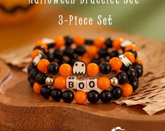 Halloween Beaded Bracelet Set of 3 | 8mm Black Orange Stretch Bracelets, Boo Ghost Stackable Bracelets, Halloween Party Jewelry Gift
