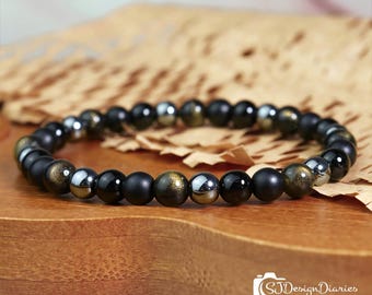 Handmade Fourfold Black Power Bracelet |Tourmaline Magnetic Hematite Obsidian Onyx , Protection Grounding Healing Crystal Gift for Her / Him