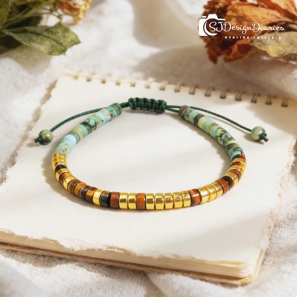 Morse-Code STARK WIE FUCK Armband | Afrikanischer Türkis & Tigerauge Armband, handgemachter Heilkristall Schmuck, Geschenk für Stärke und Schutz