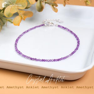 Amethyst Anklet 2mm Faceted Beads, Healing Crystal Jewelry, Spiritual Protection, Stress Relief, Dainty Purple Gemstone Ankle Bracelet