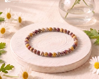 4mm Mookaite Jasper Stretch Beaded Bracelet | Dainty Earth Tone Crystal Bracelet Inner Strength Grounding Stackable Jewelry Gift for Women