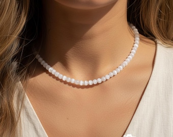 4mm Selenite Choker Necklace – 15"+2" Extender, Calming & Purifying Stone, Healing Choker Gift