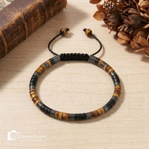 Bracciale regolabile in ematite e onice occhio di tigre / Protezione e radicamento, fiducia ed equilibrio, unisex, con cristalli impilabili, regalo per uomo