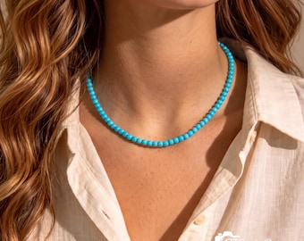 3mm Turquoise Beaded Choker Necklace | Adjustable Dainty Turquoise Choker, Boho Minimalist Layering Gemstone Jewelry Gift for Her