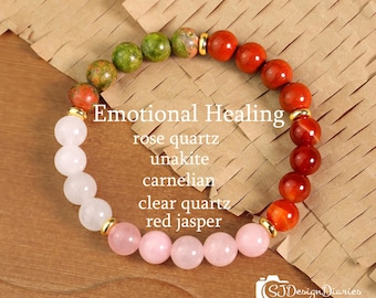 Empath's Protection Bracelet | Full Energy Support, Rose Quartz Unakite Carnelian Clear Quartz Red Jasper, Gift for Her