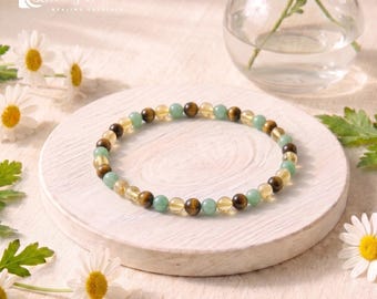 Triple Prosperity Stretch 4mm Beaded Bracelet | Citrine Tiger Eye Green Aventurine, For Wealth  Abundance Crystal Jewelry Gift For Her