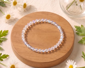 4mm Angel Aura Quartz Stretch Bracelet | Rainbow Flash Gemstone Stacking Bracelet, Iridescent Gemstone Spiritual Jewelry Gift for Her