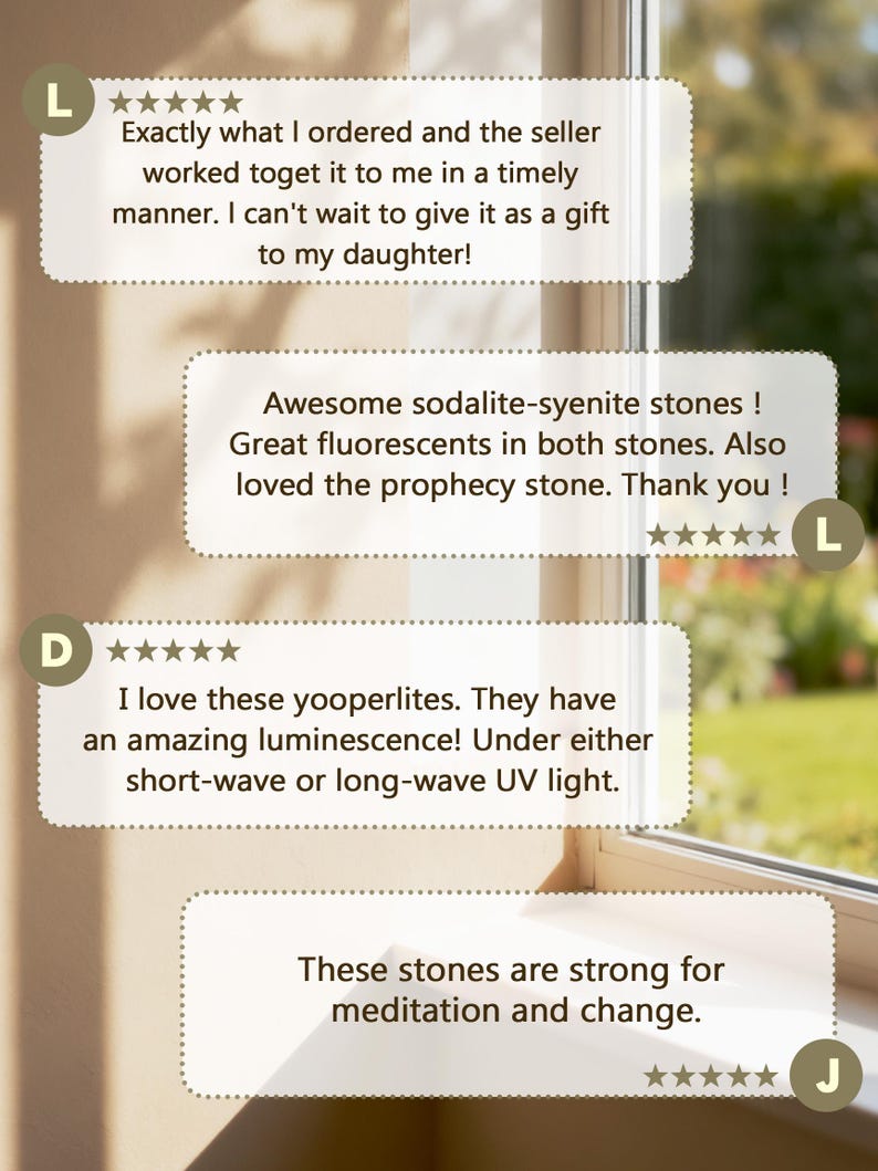 May include: Image of customer reviews for stones. The reviews mention sodalite-syenite stones, yooperlites, and the prophecy stone. The reviews also mention the stones are strong for meditation and change.