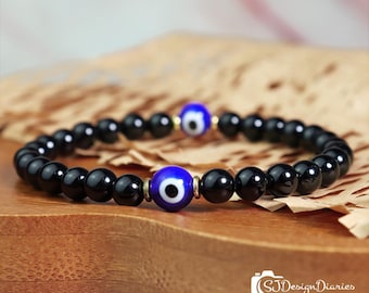6mm Black Tourmaline & Double Blue Evil Eye Bracelet | Natural Gemstone Beaded Bracelet • Stretchy Fit | Unisex Design