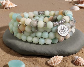 Amazonite 108 Mala Beads Bracelet –Prayer Necklace for Calm, Communication & Spiritual Growth – 8mm Gemstone Meditation Jewelry Gift