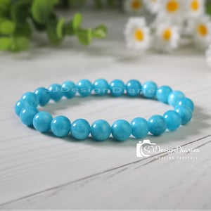 Pulsera de aguamarina natural para mujer, delicada pulsera azul, pulsera de cuentas de 8 mm, regalo de cristal curativo, dije grabable para mamá