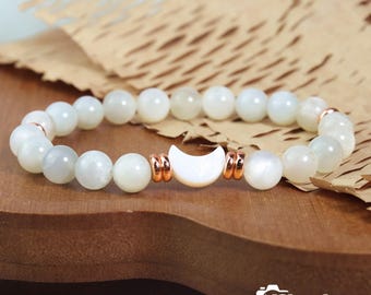 White Moonstone Bracelet | Inner Goddess Gratitude Jewelry, White Moonstone and Mother of Pearl Beads, Thanksgiving Gift For Her