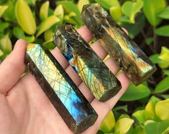 Natural Labradorite Tower Point | Throat Chakra Crystal Labradorite Gemstone Obelisk | Natural Home Decor Gift with Free Pouch