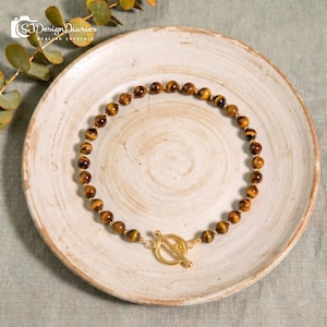 Tiger Eye Toggle Clasp 6MM Beaded Bracelet | Gold Natural Brown Tiger Eye Crystal, Confidence Root Chakra Stackable Jewelry Gift for Women