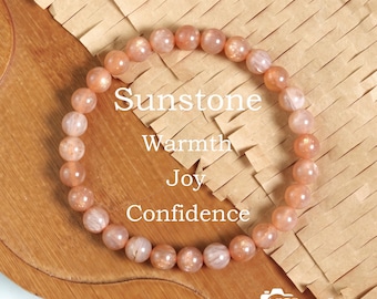 Natural Sunstone Handmade Stretch Beaded Bracelet | 7mm Peach Orange Round Beads, Stackable Gemstone Jewelry, Unique Gift for Her
