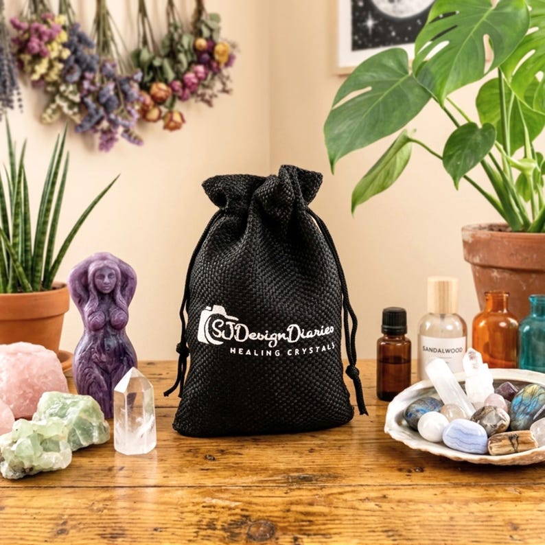 May include: A black drawstring pouch with a textured fabric finish featuring the white printed text SJDesignDiaries HEALING CRYSTALS. The bag is centered, flanked by various raw crystals, a purple figure statue, and small glass bottles.