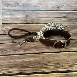 Soft Leather and Fabric Dog Collar with Matching 7 ft Walking Leash Set, Dog Collar & Lead for Medium and Large Breeds, French Bulldog Gift