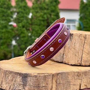 Purple Dog Collar Leather Padded Soft Collar, Wide Rhinestone Studded Dog Collar, Bling Dog Collar with Crystals for Small and Medium Dogs