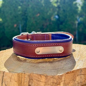 Personalized Purple Soft Padded Collar, Leather Dog Collar with Brass Engraved Name Plate, Luxury Wide Custom Collar for Large Breeds