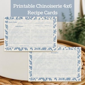 4×6 chinoiserie-receptkaart afdrukbare | Vintage blauwe vogelkeuken | Blauw-witte keuken | Nancy Meyers | Cottagecore | Oma | Rustiek