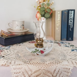 Vintage Porcelain Genie Oil Lamp: Rose Floral Cottagecore Decor