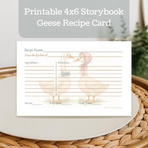 Carte de recette imprimable Oies livre de contes | Téléchargement numérique 4 × 6 pouces | Décoration de cuisine Cottagecore | Grand-mère | Ferme rustique | Oie des champs