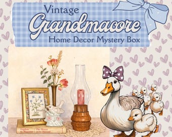 May include: A mystery box advertisement featuring the text Vintage Grandmacore Home Decor Mystery Box. The image displays a framed floral print, a small bird figurine, a glass oil lamp with a wooden base, and a group of illustrated ducks.
