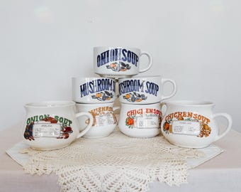 Vintage Soup Crock Collection | 1970s–80s Recipe Bowls | Mushroom, Onion& Chicken Soup Mugs