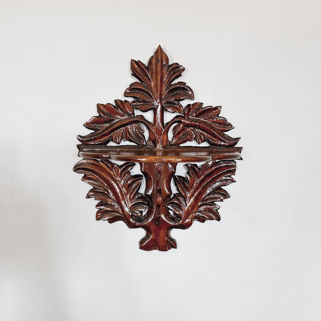 Vintage Carved Wooden Leaf Motif Wall Shelf | Ornate Bracket Sconce ...