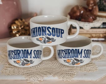 Vintage Mushroom and Onion Soup Mugs | Blue & Orange Ceramic Bowls | 1970s Retro Kitchenware
