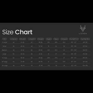 May include: A size chart for leather jackets, with measurements in inches and pounds. The chart includes sizes from X-Small to 3X-Large, detailing jacket chest, body chest, waist, shoulder, sleeve, and back length measurements, along with average height and weight.