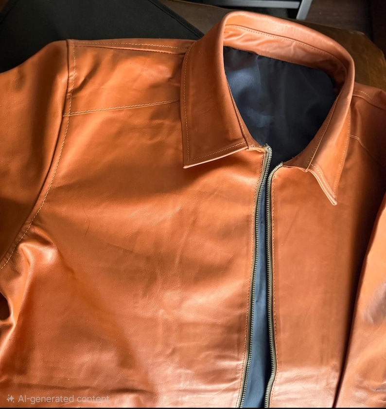May include: A tan leather jacket featuring a collared neckline and a full-length zip. The jacket has a black lining and visible stitching. The leather has a smooth, slightly glossy finish.