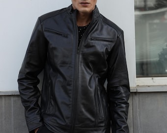 Men’s Black Lambskin Leather Jacket – Lightweight, Full Grain, Minimalist Fit