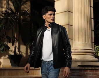 The Velocity – Black Lambskin Leather Racer Jacket, Full Grain, Button Collar